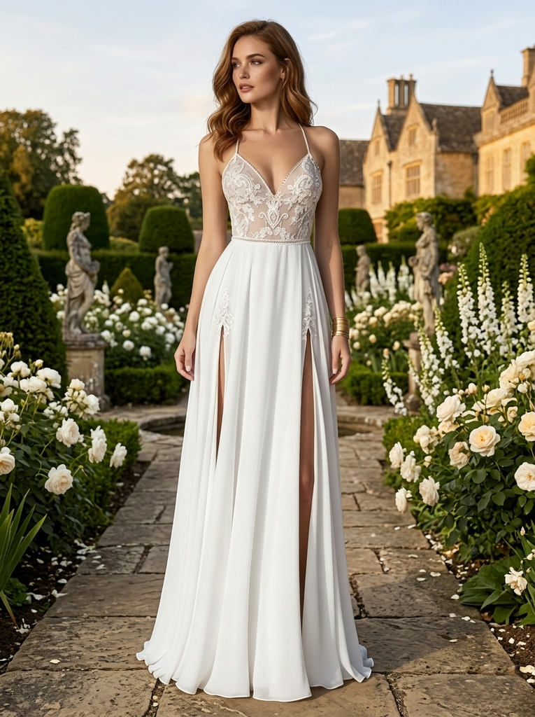 Simple White Chiffon V-Neck Wedding Dress with Double Slits, WD3112