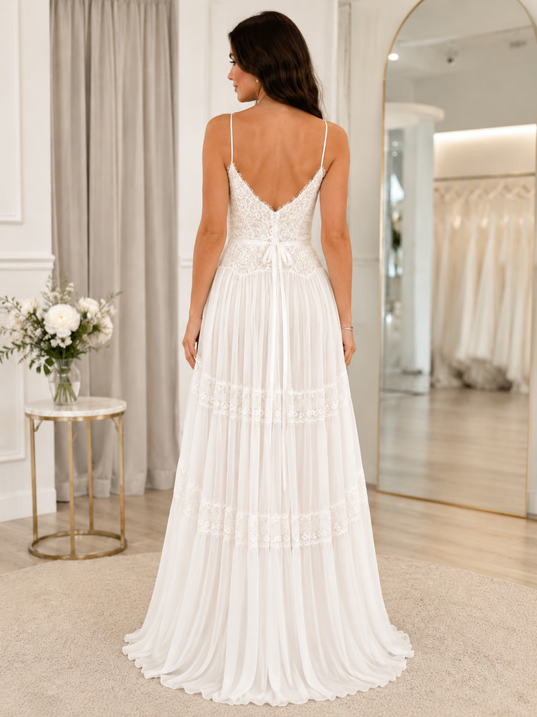 Bohemian White Lace Chiffon Wedding Dress Spaghetti Strap A-Line Boho Bridal Gown, WD3113