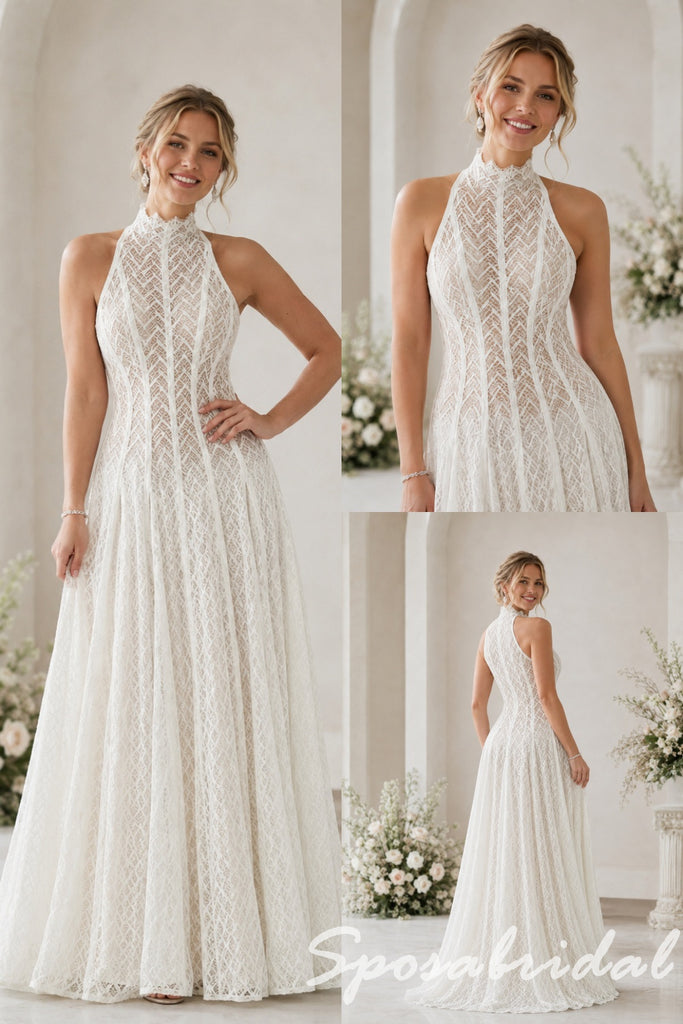 Romantic High Neck Sleeveless Lace Bridal Gown, WD3128