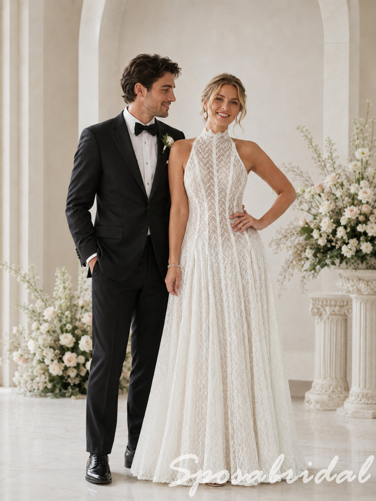 Romantic High Neck Sleeveless Lace Bridal Gown, WD3128