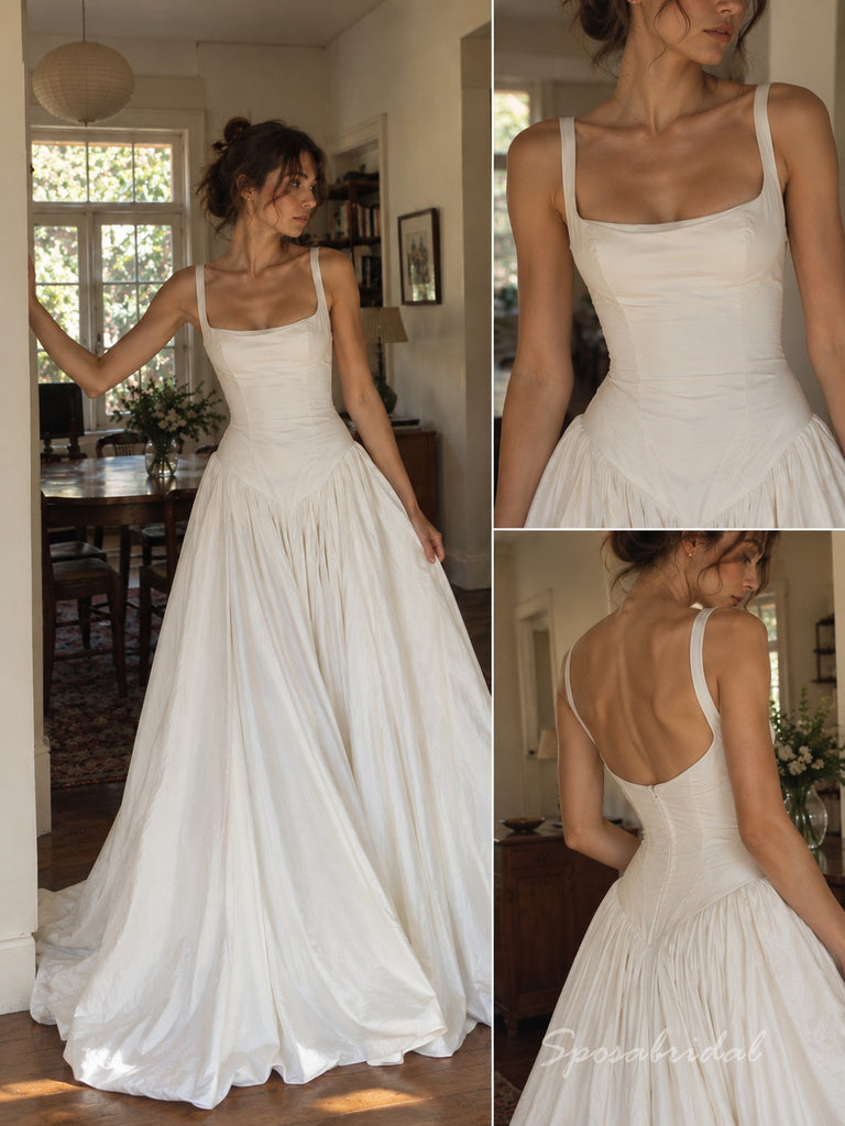 Ivory Matte Stretch Crepe Square Neck Thick Strap Corset Ball Gown Wedding Dress With Train,WD3135