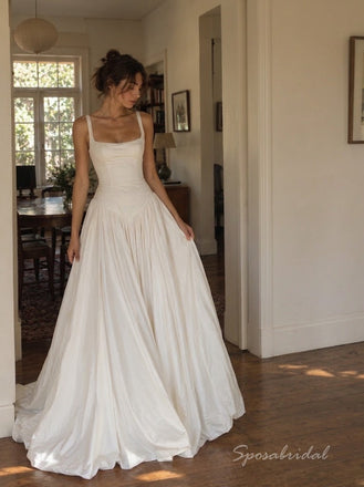 Ivory Matte Stretch Crepe Square Neck Thick Strap Corset Ball Gown Wedding Dress With Train,WD3135