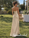 Champagne Satin Spaghetti Strap Cowl Neck Ruched Draped Waist High Slit Floor Length Sheath Bridesmaid Gown,BD3485