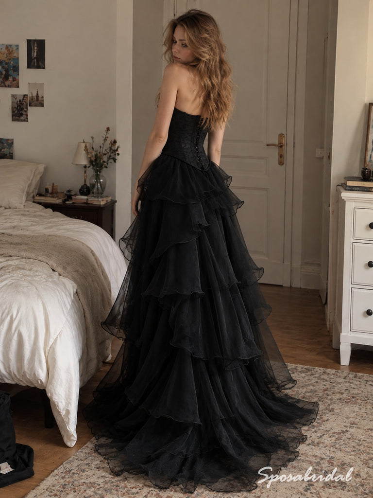 Black Sweetheart Corset Tulle Evening Dress, Strapless Tiered Ruffle Floor Length Gothic Gown,PD4345