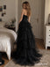 Black Sweetheart Corset Tulle Evening Dress, Strapless Tiered Ruffle Floor Length Gothic Gown,PD4345