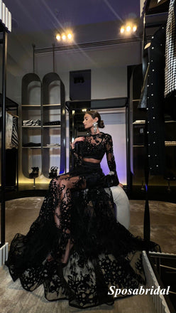 Elegant Black Lace Two Pieces Long Sleeves A-Line Long Prom Dresses, PD3796