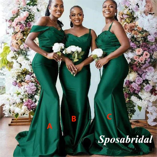 Sexy Mismatched Dark Green Soft Satin Mermaid Floor Length Bridesmaid Dresses, BD3323