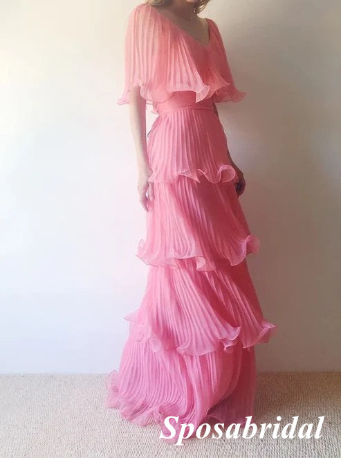 A Line Pink Pleated Long Prom Dress Formal Party Dress, PD3984