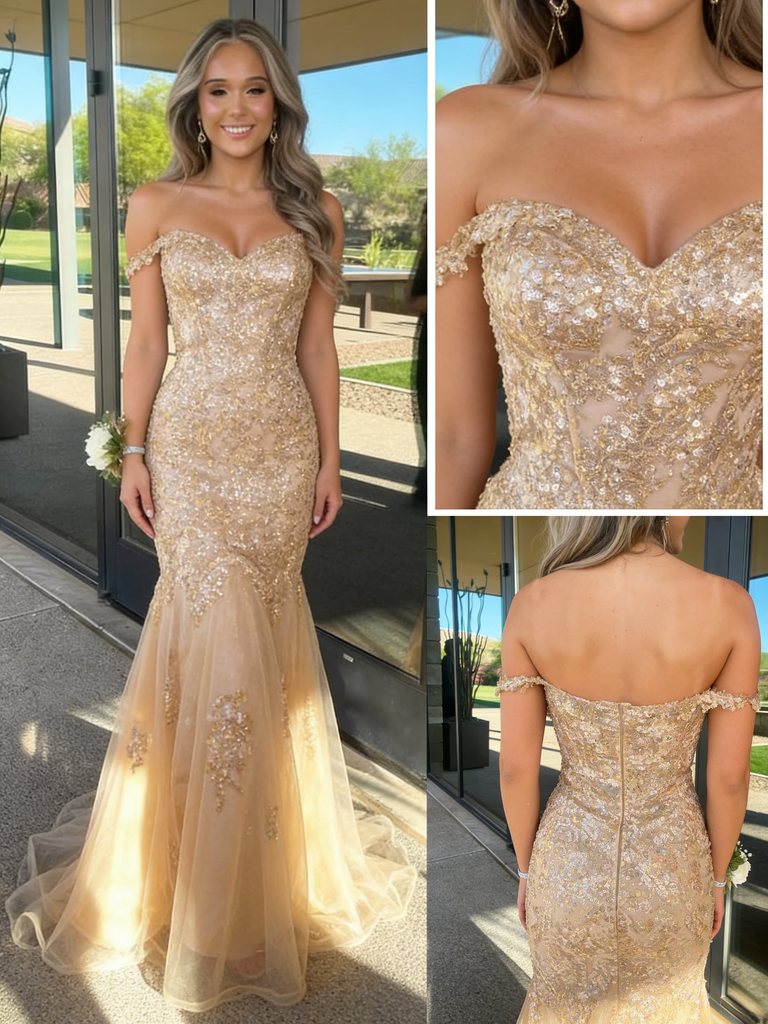 Champagne Gold Sequin Off Shoulder Mermaid Prom Dress with Tulle Train, PD4128