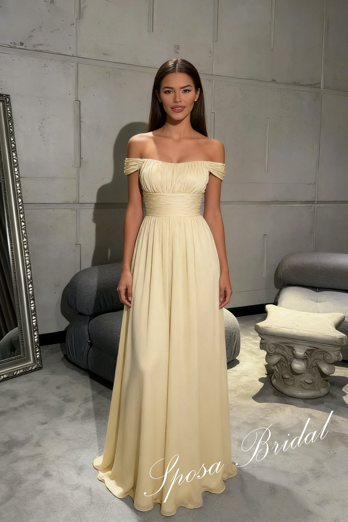 Sexy Off Shoulder Ruched Chiffon Sleeveless A-Line Prom Dress, PD4068