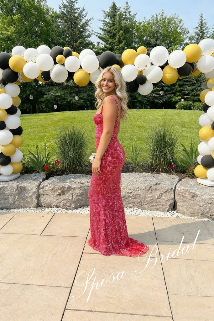 Shiny Special Fabric Spaghetti Straps Mermaid Floor Length Prom Dress, PD4092