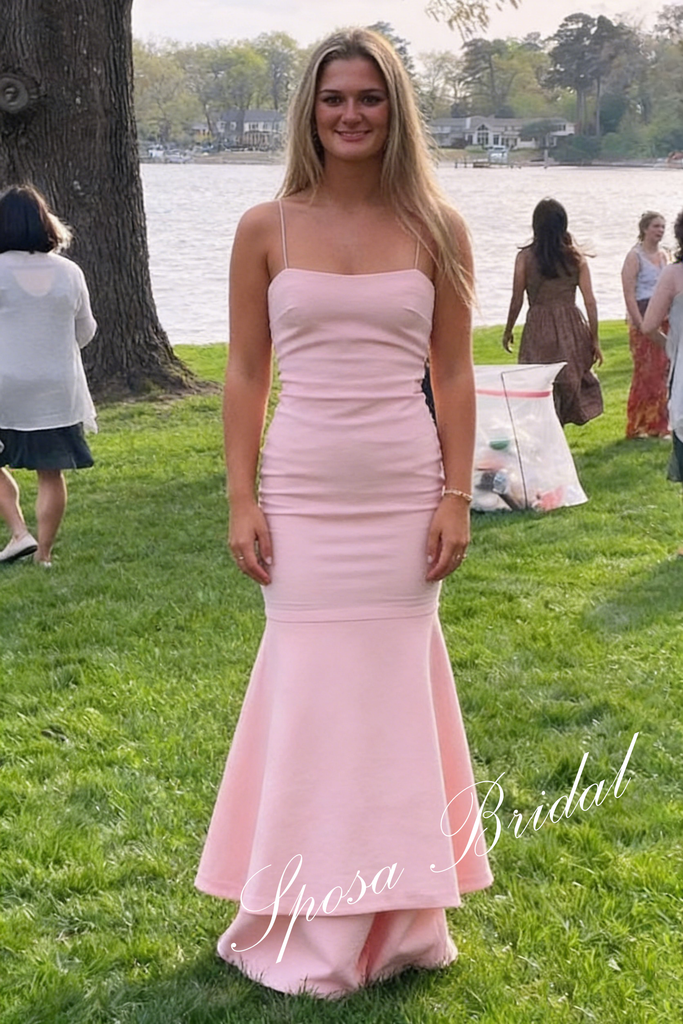 Sweet Crepe Spaghetti Straps Mermaid Floor Length Prom Dress, PD4094