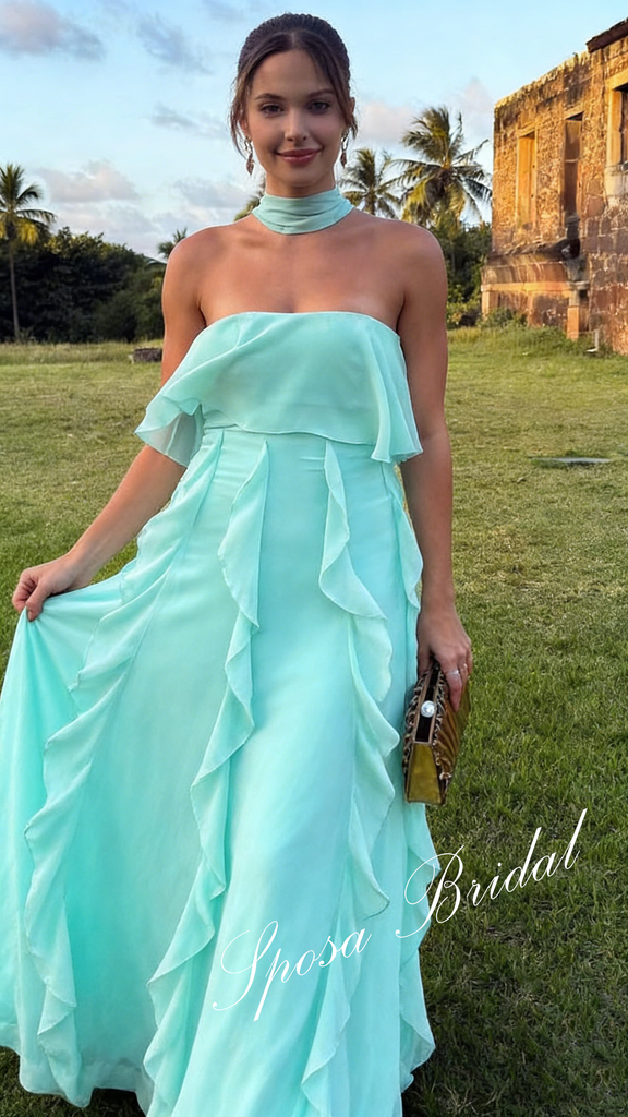 Sexy Chiffon Sweetheart Sleeveless Ruffled A-Line Floor Length Wedding Guest Dress, PD4096