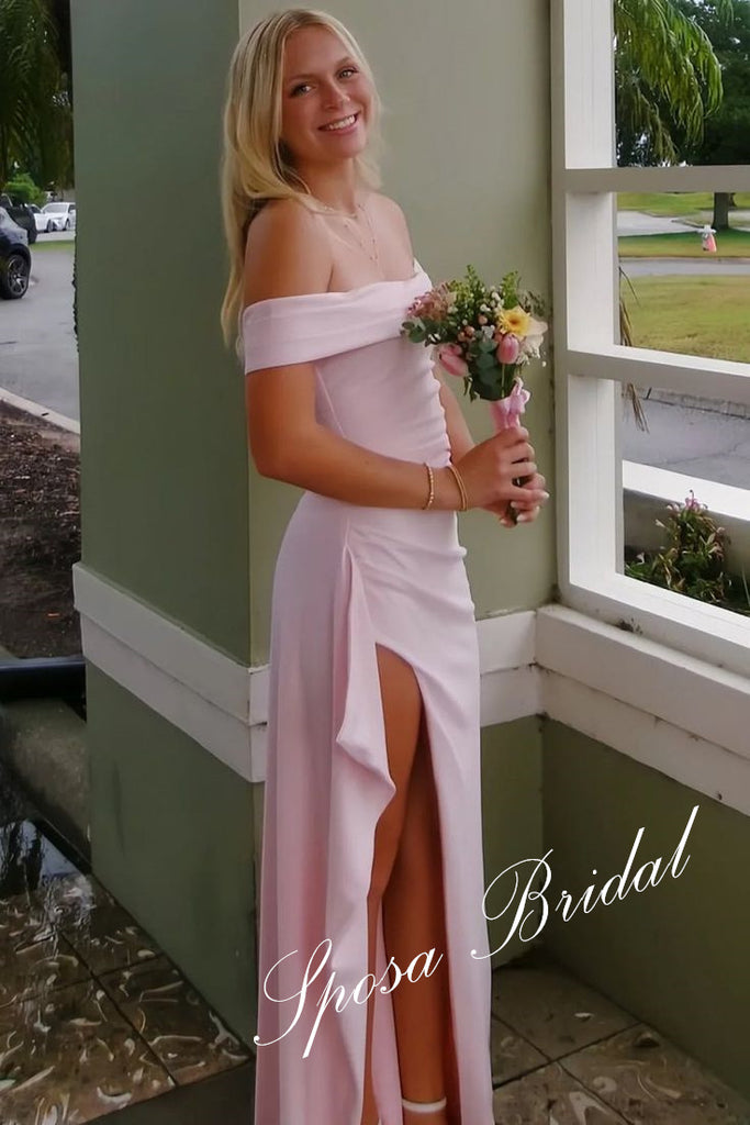 Sexy Crepe Off Shoulder Sleeveless Ruffles Side Slit Mermaid Maxi Prom Dress, PD4098