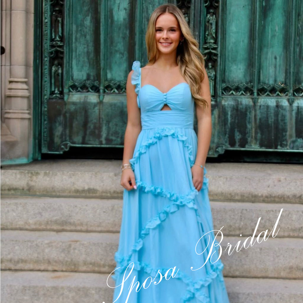 Sexy Chiffon Spaghetti Straps Sleeveless Lace Up Back Ruffled A-Line Floor Length Prom Dress, PD4103