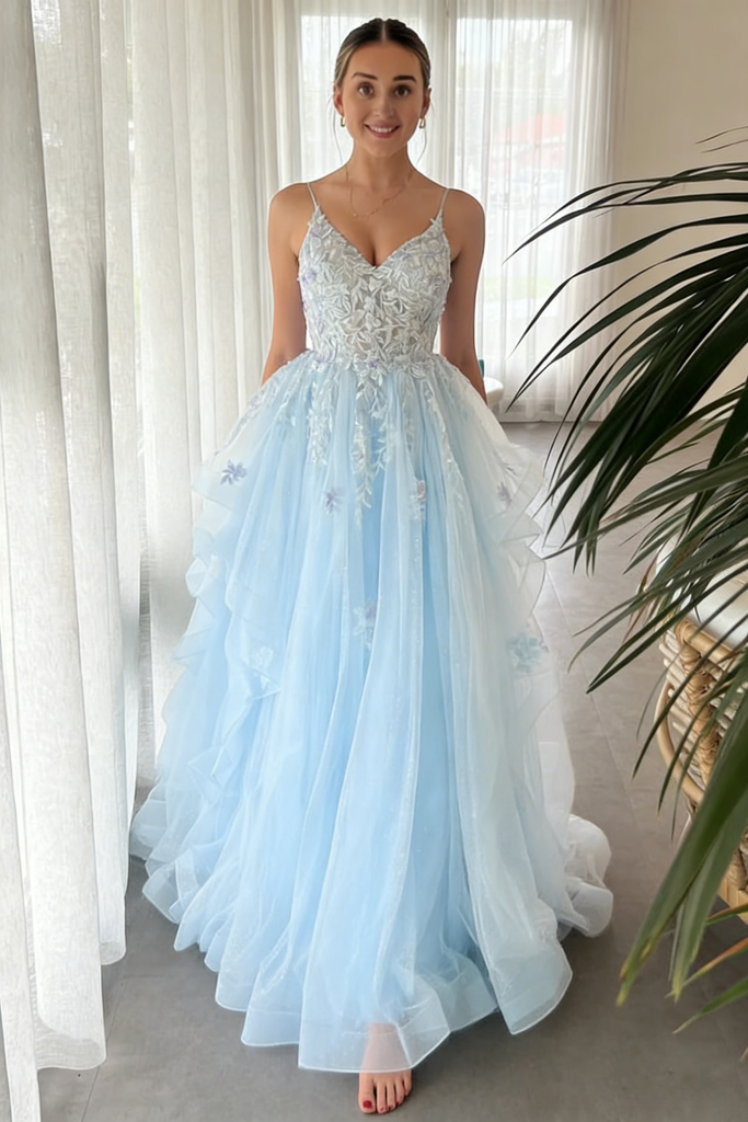 Sexy Tulle Spaghetti Straps V-Neck Sleeveless A-Line Floor Length Prom Dress With Appliques, PD4106