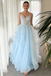 Sexy Tulle Spaghetti Straps V-Neck Sleeveless A-Line Floor Length Prom Dress With Appliques, PD4106