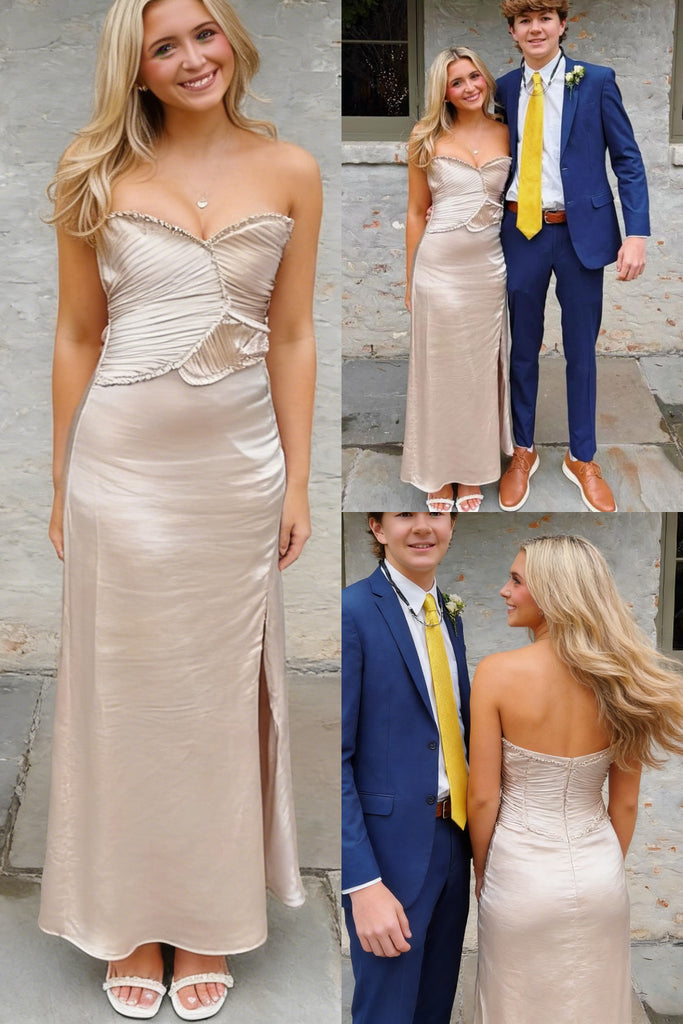 Shiny Soft Satin Sweetheart Pleated Sheath Floor Length Prom Dress With Split, PD4109