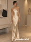 Champagne Satin Knotted Halter Open Back Floor Length Mermaid Evening Gown, PD4298