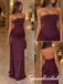 Burgundy Jersey Ruched Strapless High Slit Floor Length Column Evening Gown, PD4300