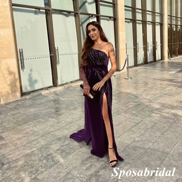 Elegant One Shoulder Long Sleeve Side Slit Mermaid Long Prom Dresses, PD3794