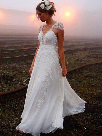 Backless Cap Sleeve V Neck Simple Beach Wedding Dresses, WD329