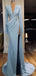 Charming Dusty Blue Long Sleeves V-Neck Mermaid Prom Dresses PD2362