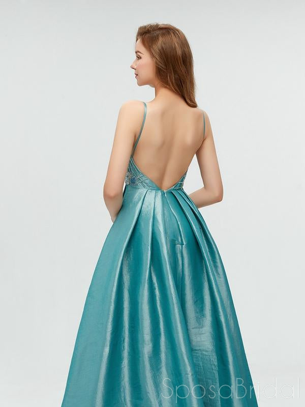 Spaghetti Straps Backless A-line Sparkly Long Blue V-Neck Prom Dresses, Party Dress, Evening dresses,  PD0565