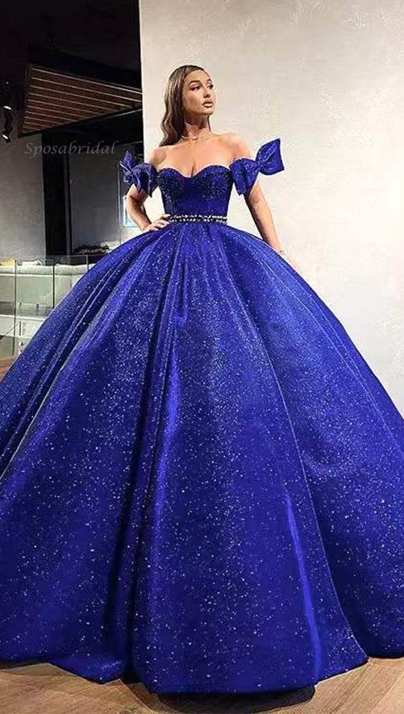 A-line Blue Gorgeous Off the Shoulder Sparkly Formal Prom Dresses, Ball gown PD1506