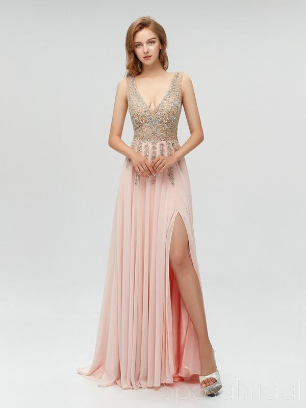 Charming V-neck Sleeveless Side-slit A-line Long Affordable Prom Dresses, PD0600