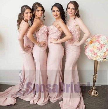 Spaghetti Straps Pink Mermaid Bridesmaid Dresses, Most Popular Prom Dresses, PD0473
