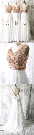 Mismatched Different Styles Sequin Top White Chiffon  On Sale Long Bridesmaid Dresses , WG17