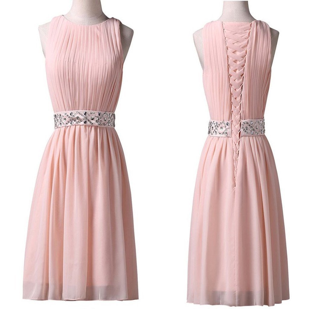 Light pink elegant Knee-Length Sleeveless chiffon with beading waist homecoming dress,BD00119