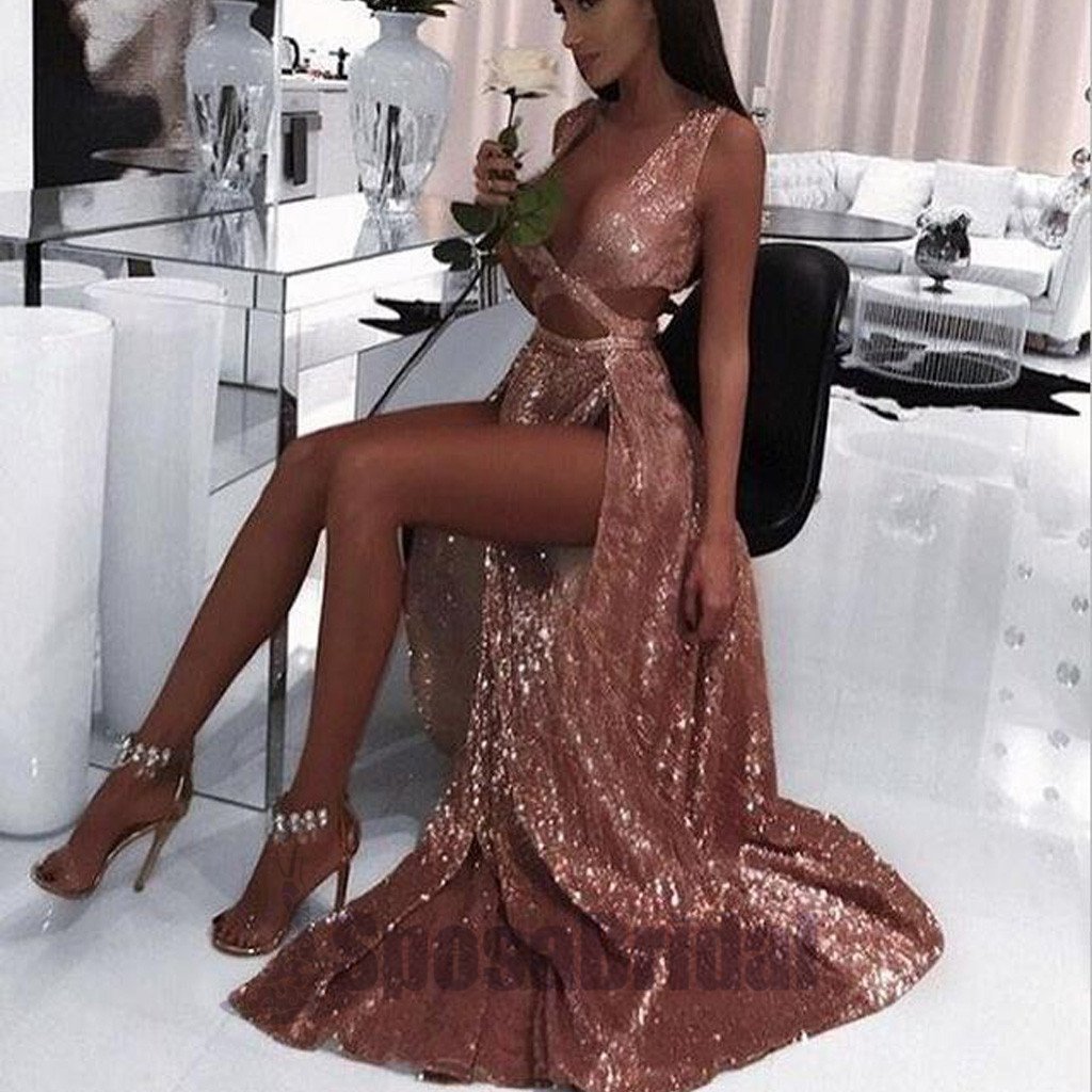 2019 A-Line Charming Sexy Sequin Sparkly Rose Gold and Black Split Prom Dresses, Evening dresses, PD0594 - SposaBridal