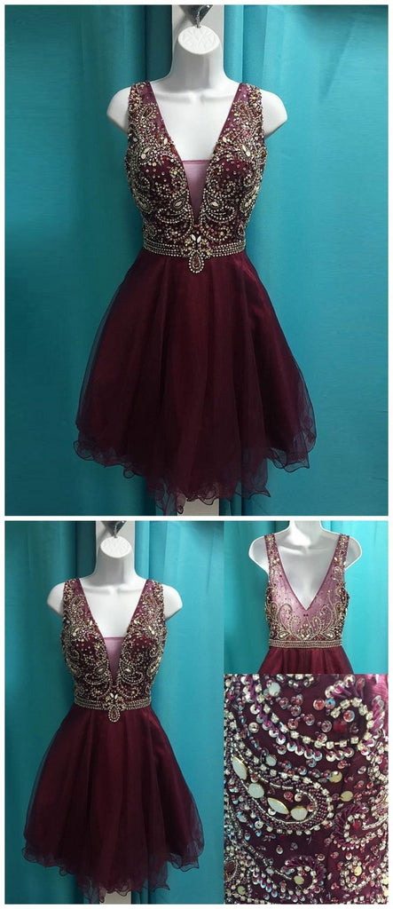 See Through V Neck Cute Beaded Maroon Homecoming Dresses, CM499