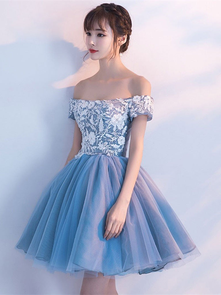 Cheap Blue Off Shoulder Lace Cute Homecoming Dresses, CM446 - SposaBridal