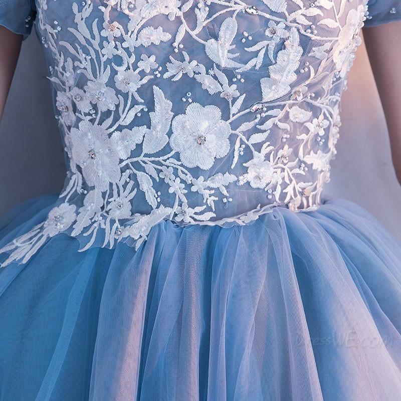 Cheap Blue Off Shoulder Lace Cute Homecoming Dresses, CM446 - SposaBridal