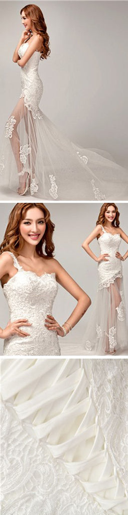 New Design One Shoulder Lace Top See Through Sexy Mermaid Lace Up Wedding Dresses, WD0143