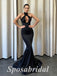 Sexy Black Satin High Neck Sleeveless Mermaid Long Prom Dresses,PD3659
