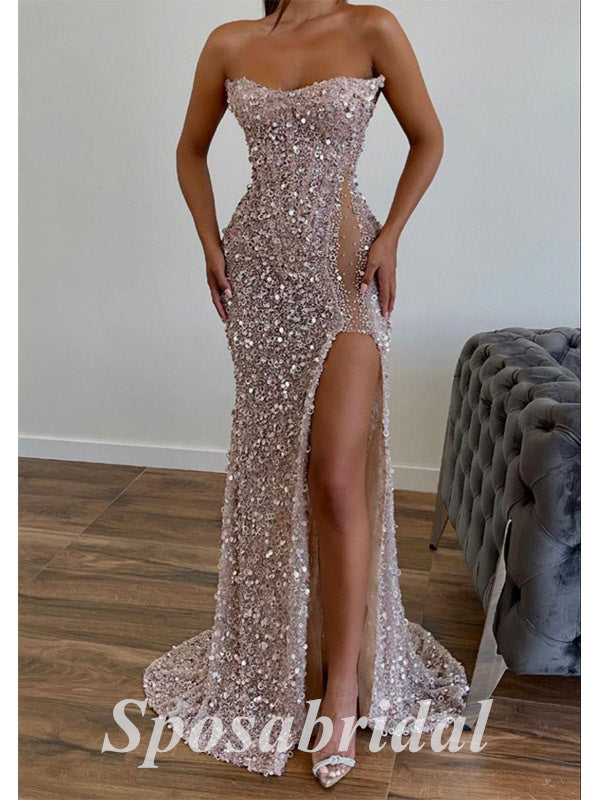 Sexy Sequin Sweetheart Sleeveless Side Slit Mermaid Long Prom Dresses,PD3638