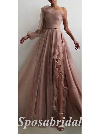 Elegant Tulle And Chiffon One Shoulder Long Sleeves Side Slit A-Line Long Prom Dresses,PD3641