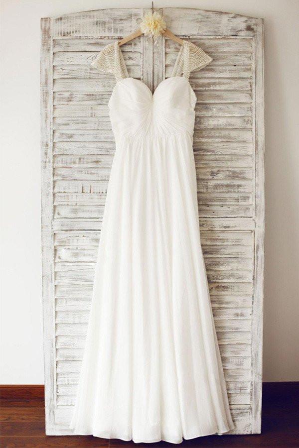 Cap Sleeve Elegant Sea Beach Cheap Chiffon Wedding Dresses With Beading, WD0176 - SposaBridal