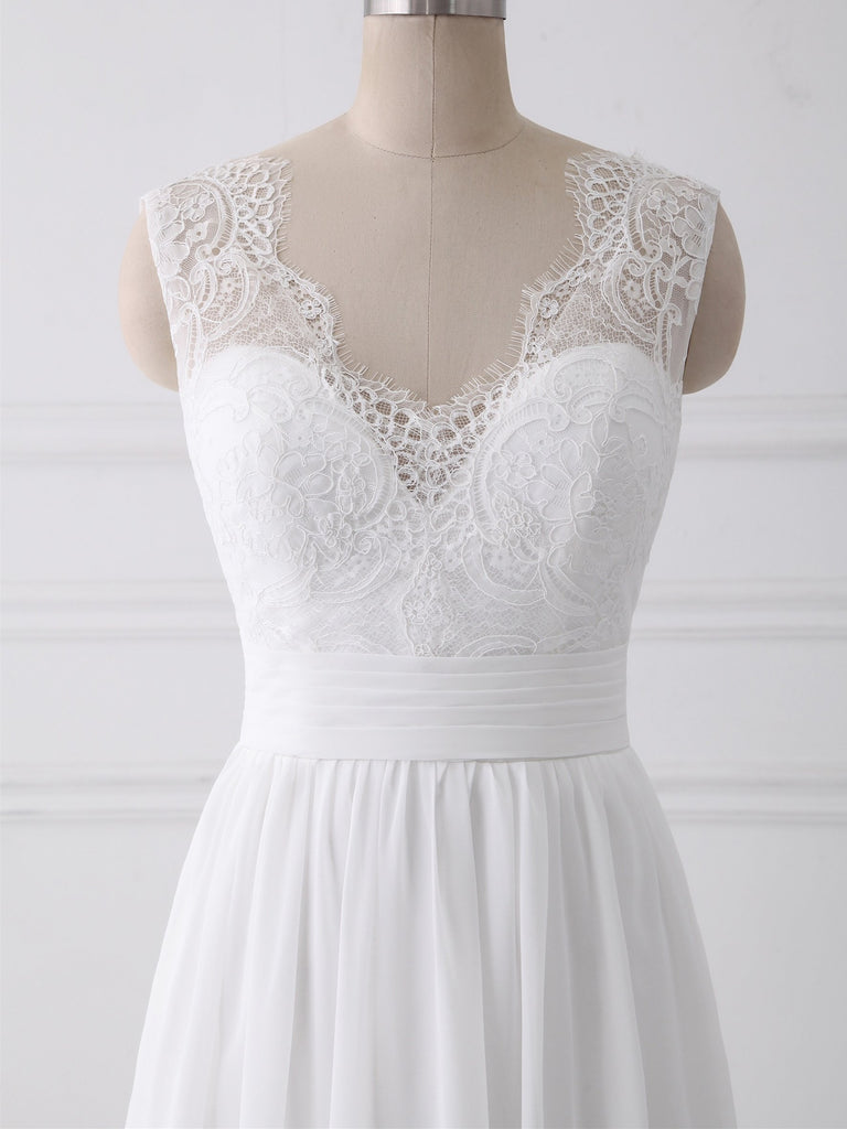 Modest V Neck Lace Straps Simple Custom Cheap Beach Wedding Dresses, WD317