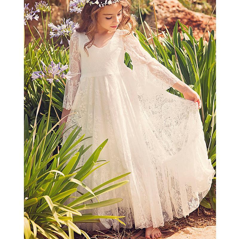 Boho Long Sleeve A-line Lace Flower Girl Dresses, Lovely Little Girl Dresses, FG063 - SposaBridal