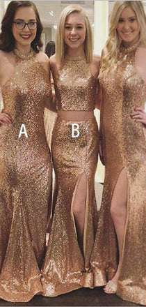 Sparkly Shinning Mermaid Sweep Train Side Split Sequined Bridesmaid Dresses ,WG382