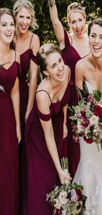 Spaghetti Straps Cheap Chiffon Off Shoulder Dark Burgundy Bridesmaid Dresses ,WG383