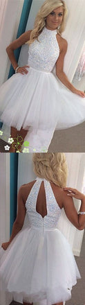 Beading Gorgeous Sparkly Popular Halter Sexy Open back White homecoming prom dresses, CM0005 - SposaBridal