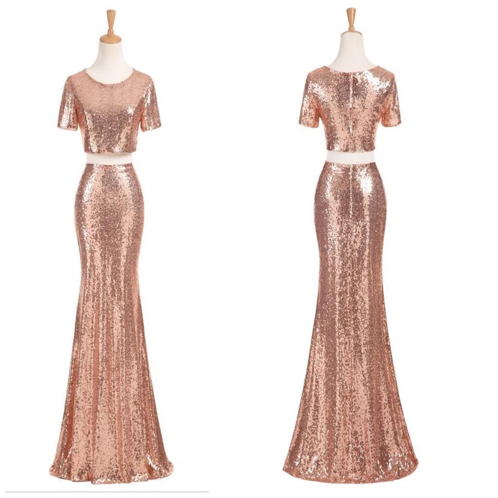Charming Rose Gold Sequin Two Pieces Long Popular Fashion Prom Dress, Bridesmaid Dress, PD0383 - SposaBridal