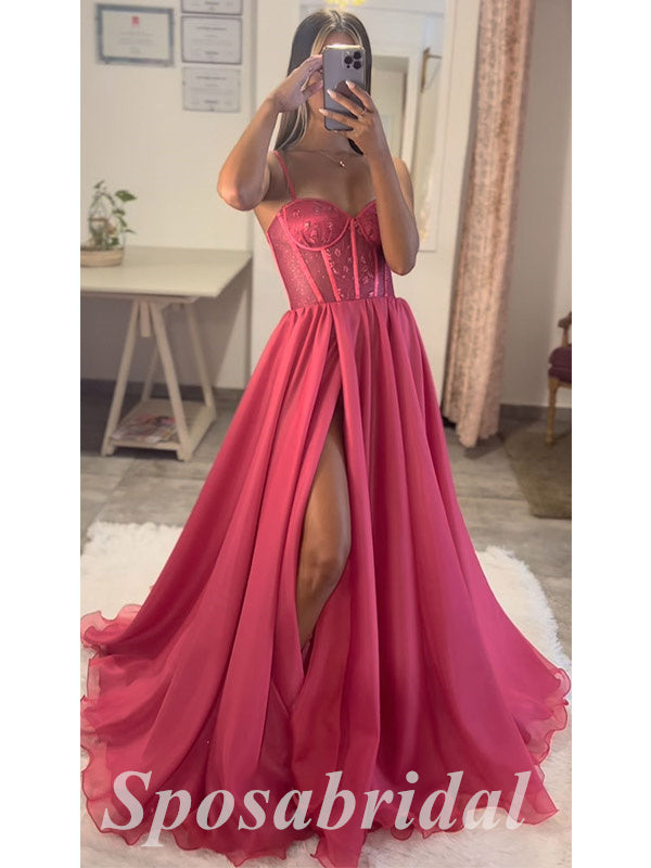 Sexy Spaghetti Straps V-Neck Sleeveless Side Slit A-Line Long Prom Dresses,PD3630