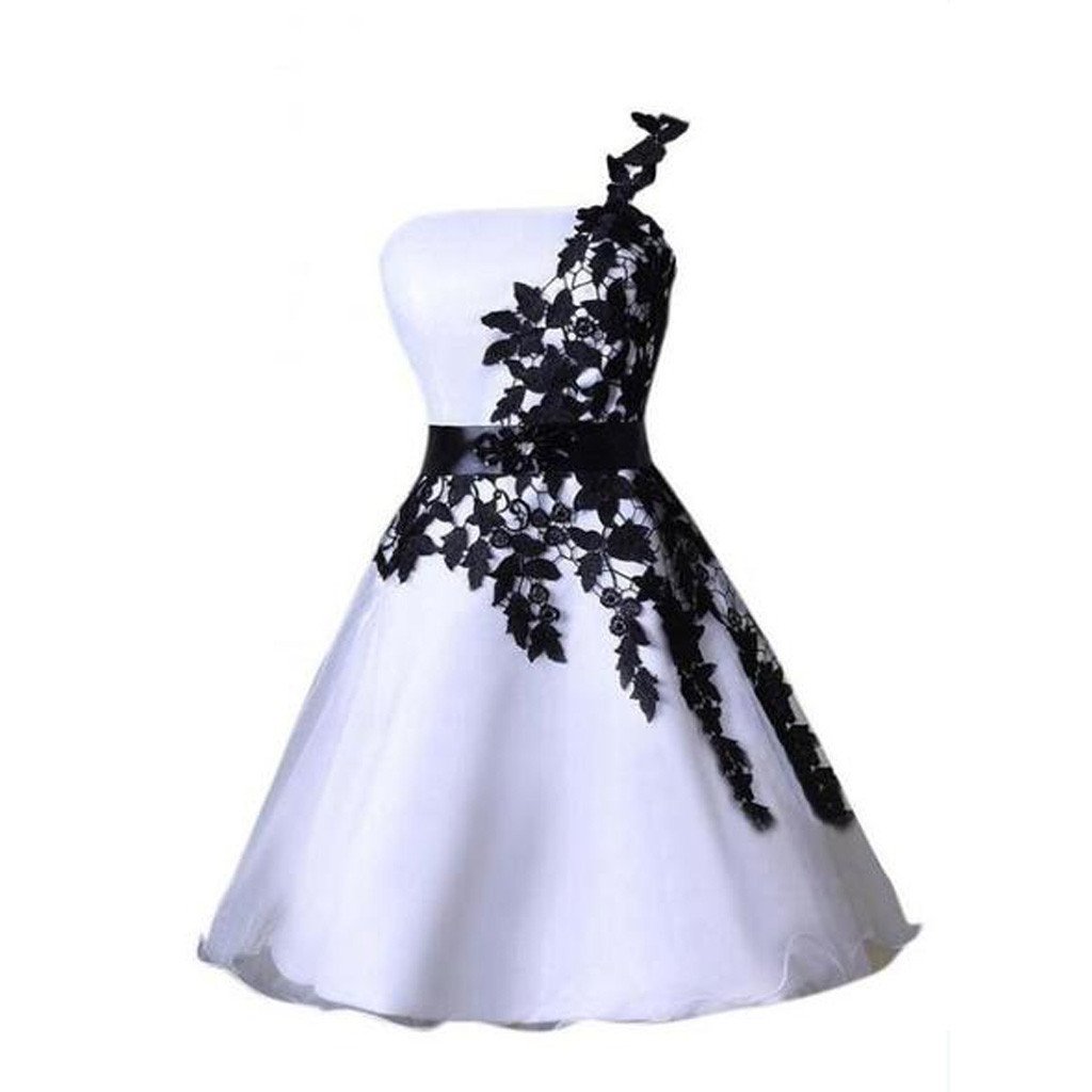 One shoulder black lace Cute short homecoming prom dresses, CM0007